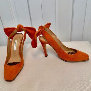 CARVEN
Bow Back Suede Slingback Pumps, orange suede, SZ. 7